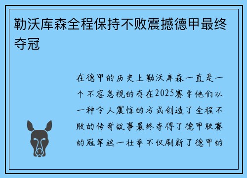 勒沃库森全程保持不败震撼德甲最终夺冠